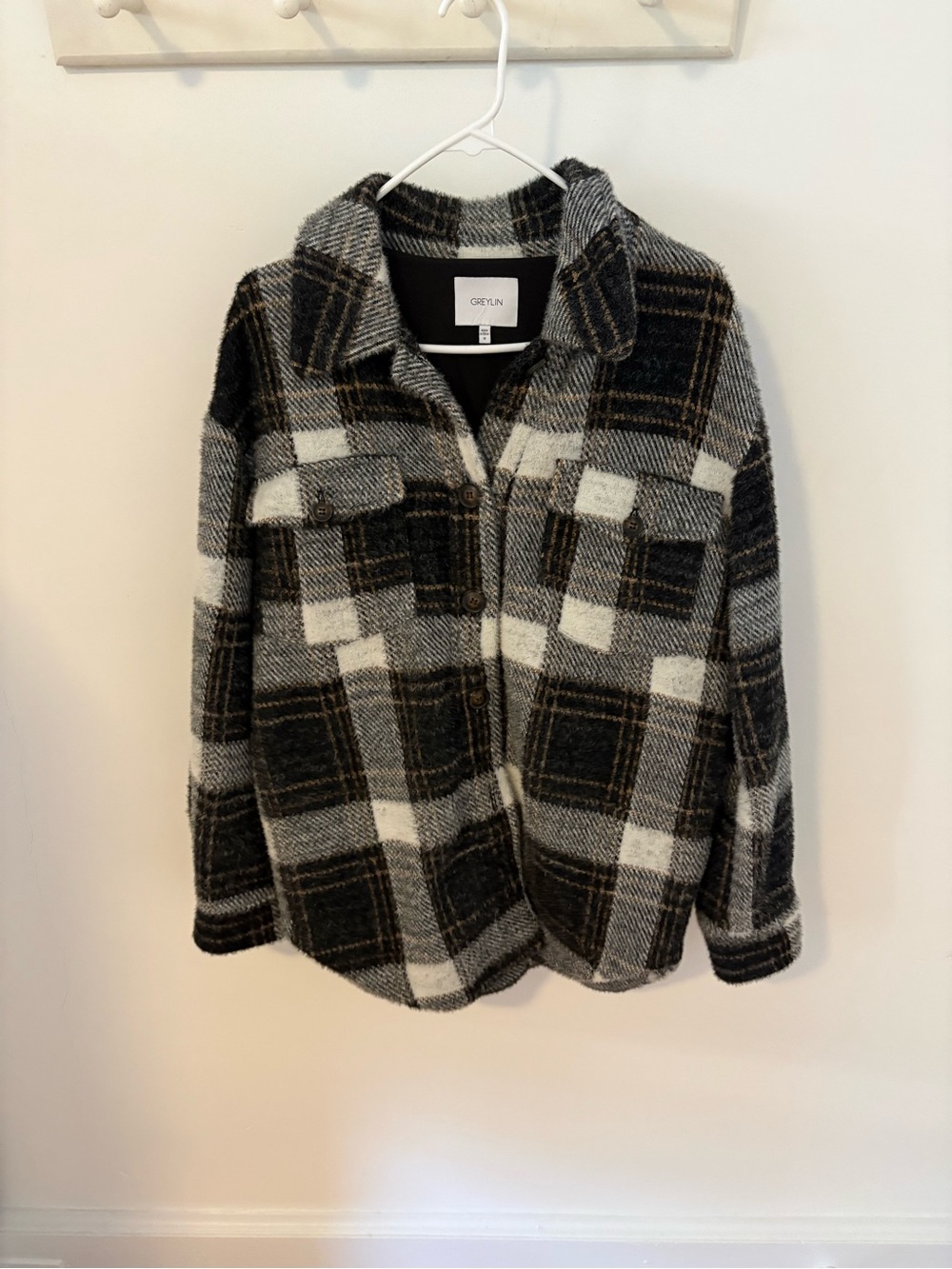 Anthropologie Black, White & Gray Plaid Teddy Jacket